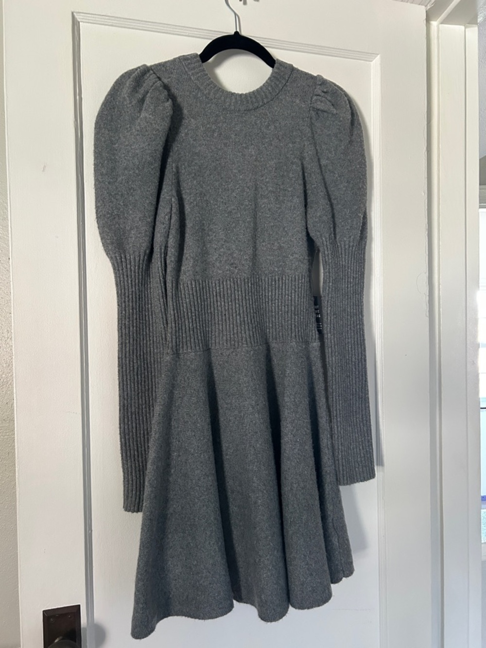 Express Gray Puff-Shoulder Knit Fit-and-Flare Dress
